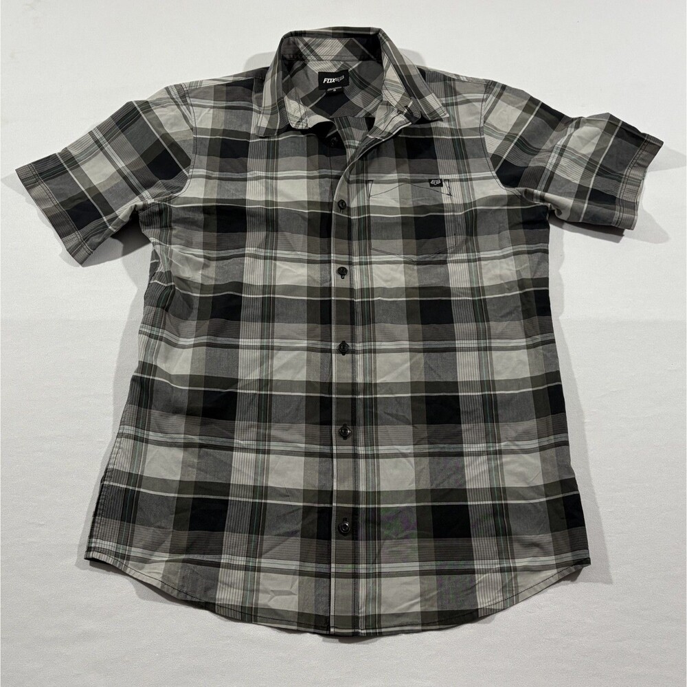 Fox Racing Mens Motocross Button Short Sleeve Shirt Black Gray Plaid Y2K Sz S